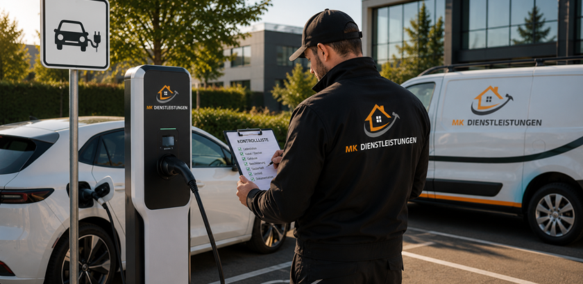 Mitarbeiter von MK Dienstleistungen bei der Kontrolle einer E-Ladestation auf einem Firmenparkplatz